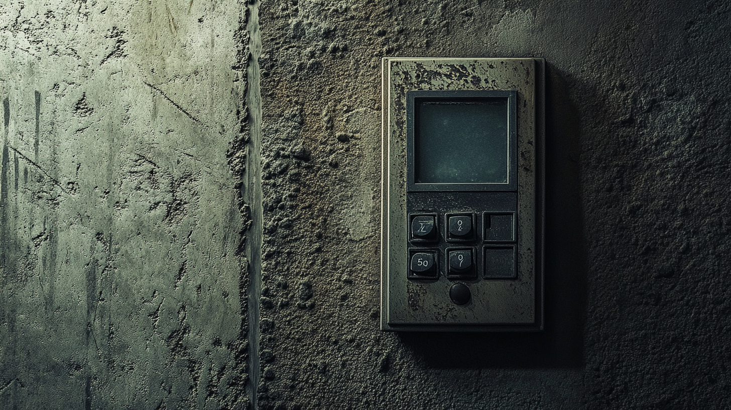 A damaged apartment intercom system with a cracked screen and worn-out buttons on a textured concrete wall.