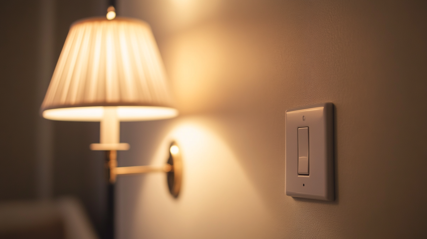 Close-up of a clean light switch with a softly glowing wall lamp