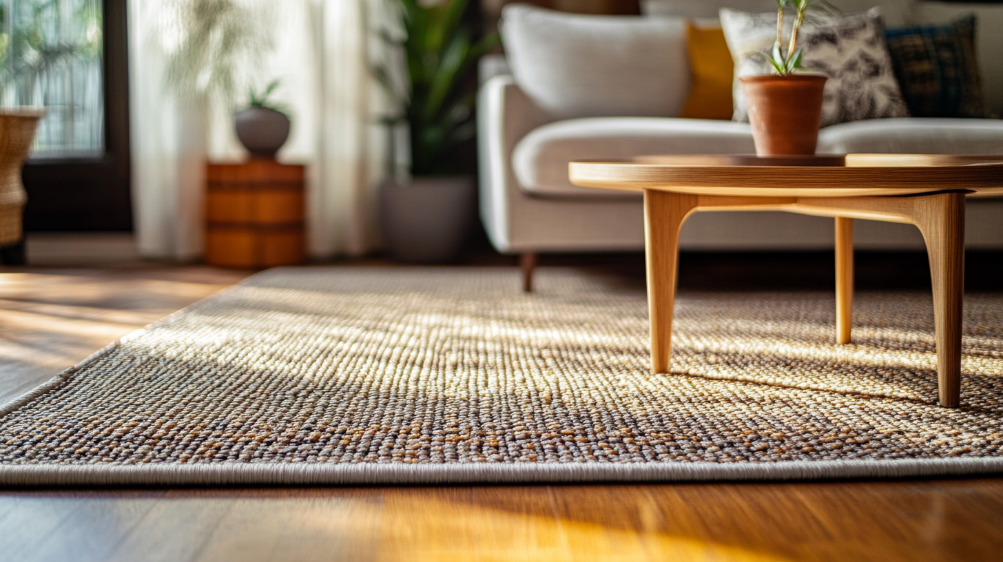 Close-up view of a textured woven rug on wooden flooring in a bright, airy living room setting.