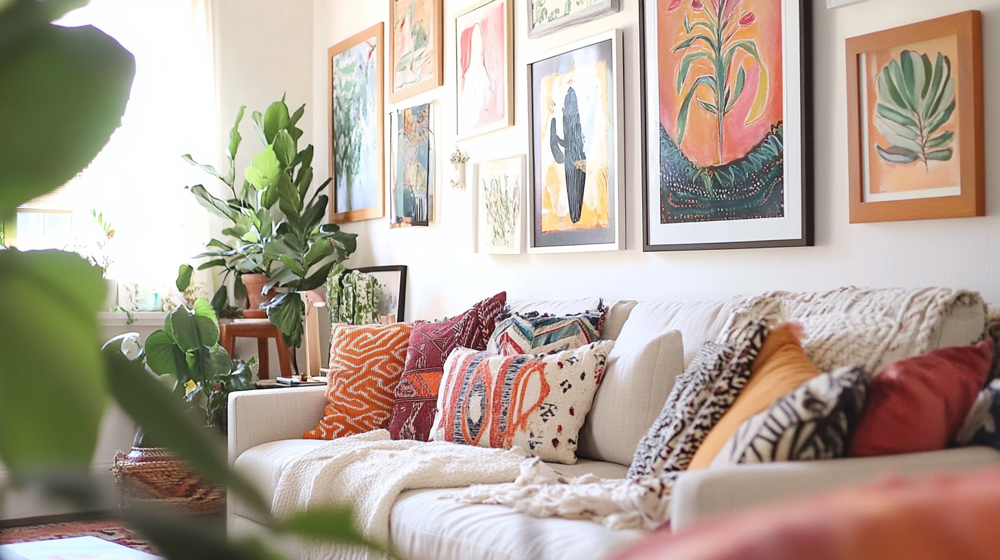 Bright living room with a colorful gallery wall, patterned throw pillows, and lush houseplants around a modern sofa.