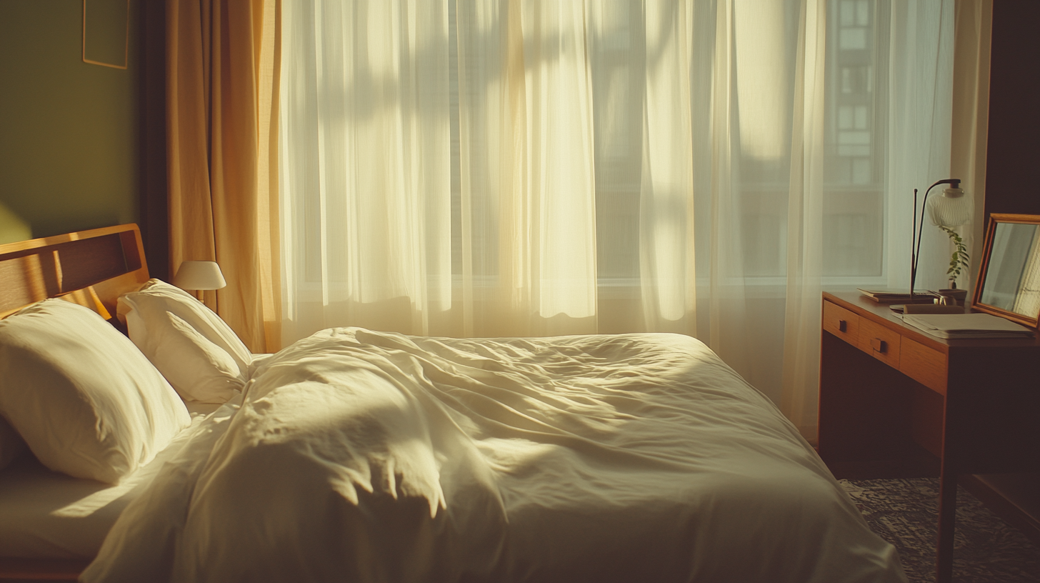 Warm and cozy bedroom with soft sunlight coming through sheer curtains