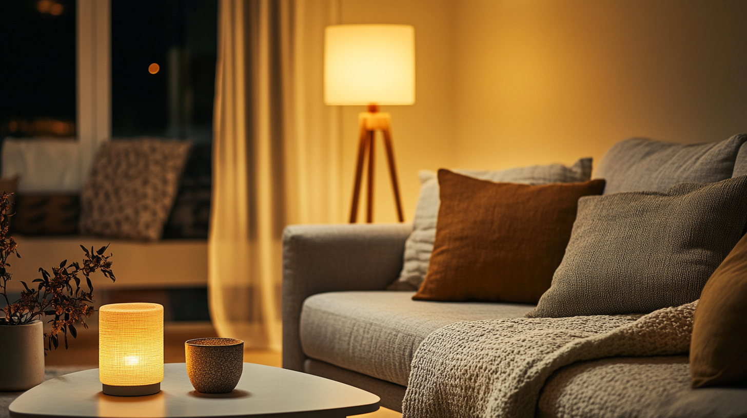 Cozy living room at night with soft, warm lighting from a table lamp and textured pillows on a modern sofa.
