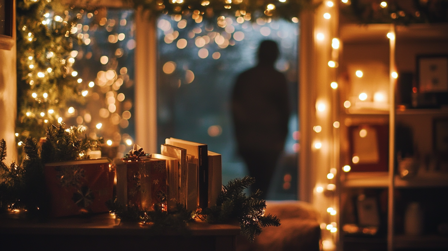 Modest living space with holiday lights and greenery.