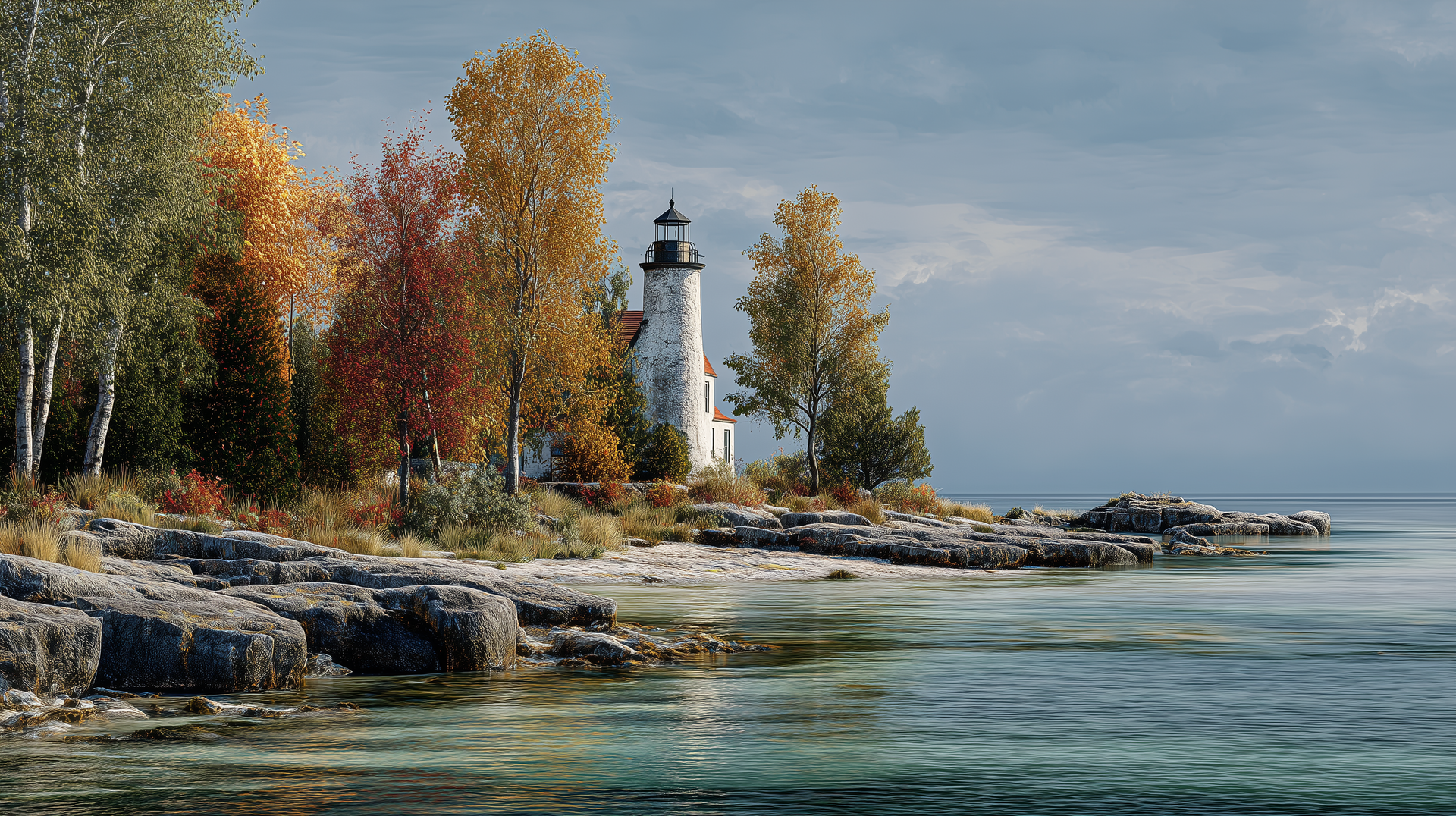 Door County lighthouse on a rocky shoreline with peak fall colors and calm water in Wisconsin