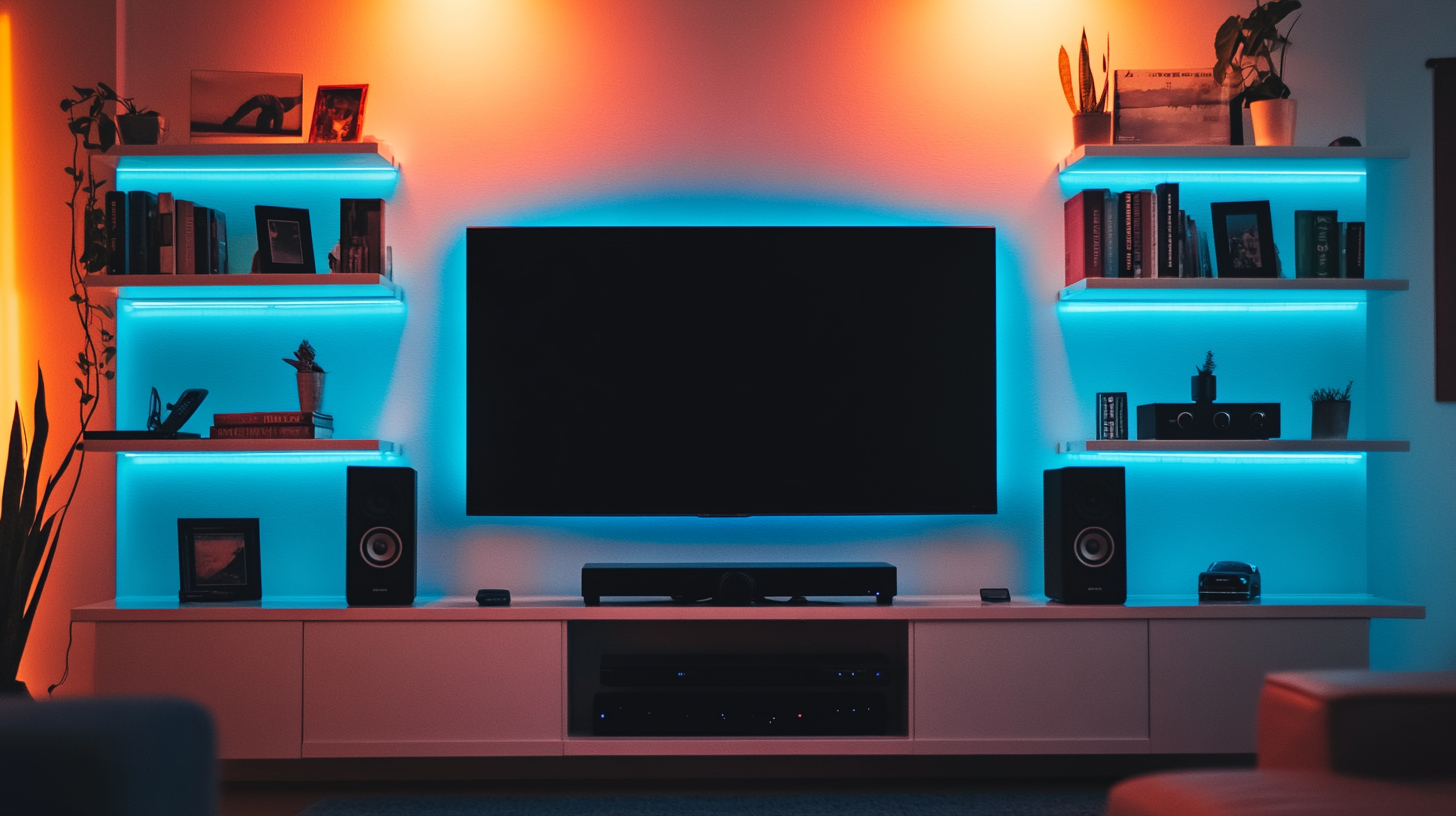 Organized entertainment shelf with a clean flat-screen TV and ambient lighting