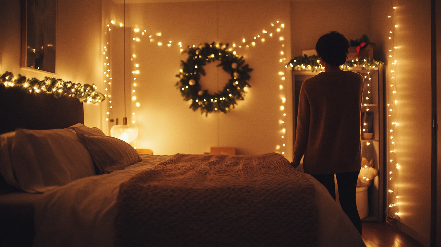 Bedroom with fairy lights and Christmas decorations.
