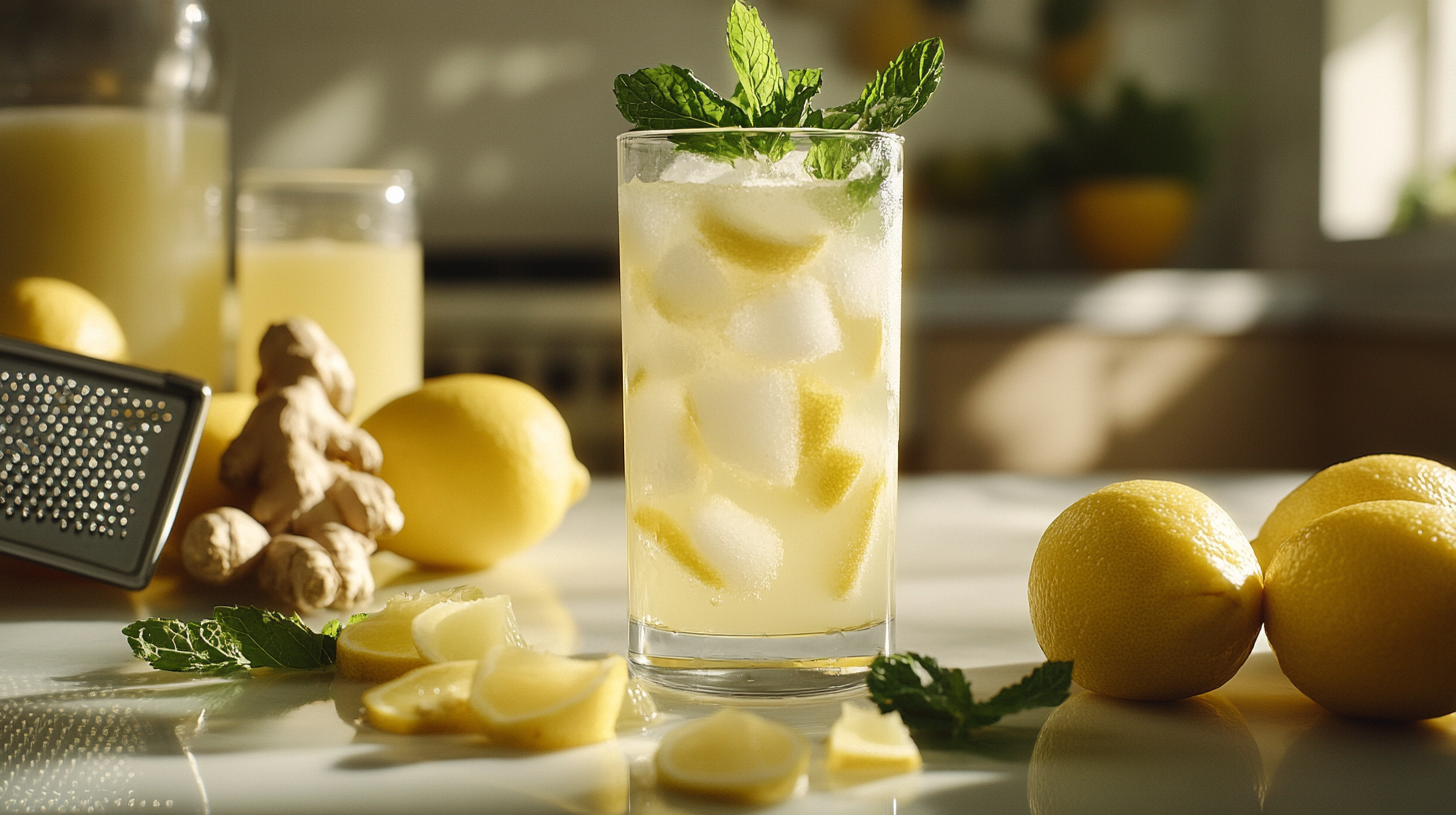 Tall glass of ginger and mint lemonade with ice, fresh lemon slices, and mint leaves