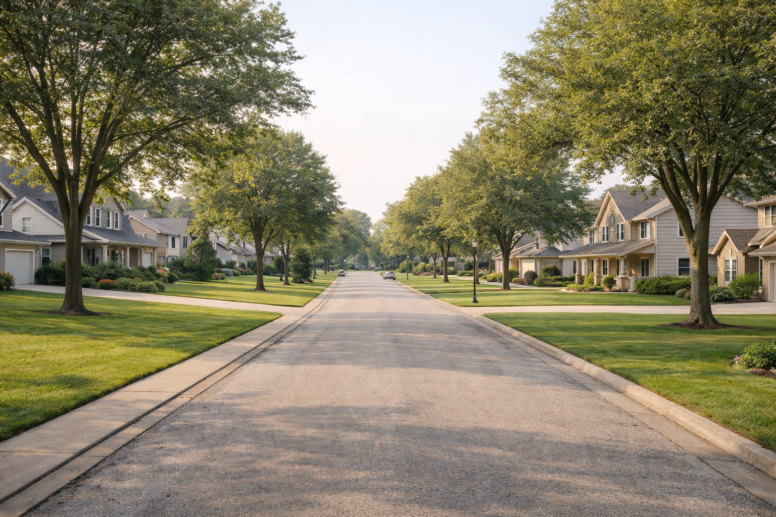 Wide suburban street with large yards and mature trees in Glendale