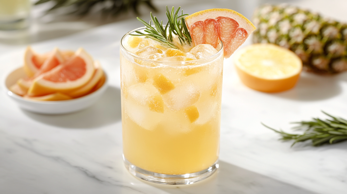Grapefruit and rosemary spritzer in a glass with ice cubes and pink grapefruit garnish