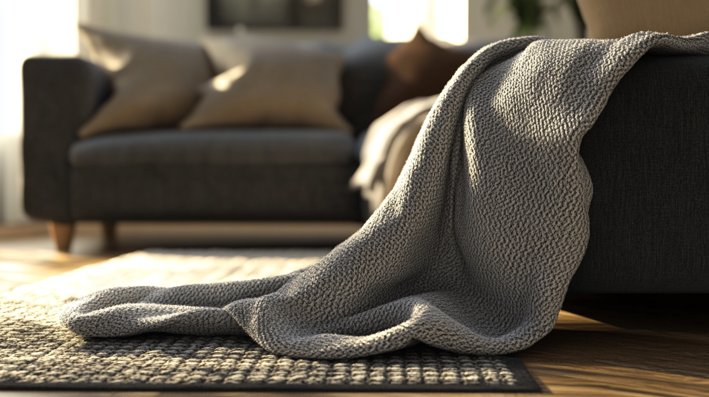 Soft gray throw blanket draped on a dark sofa with accent pillows in a modern living room