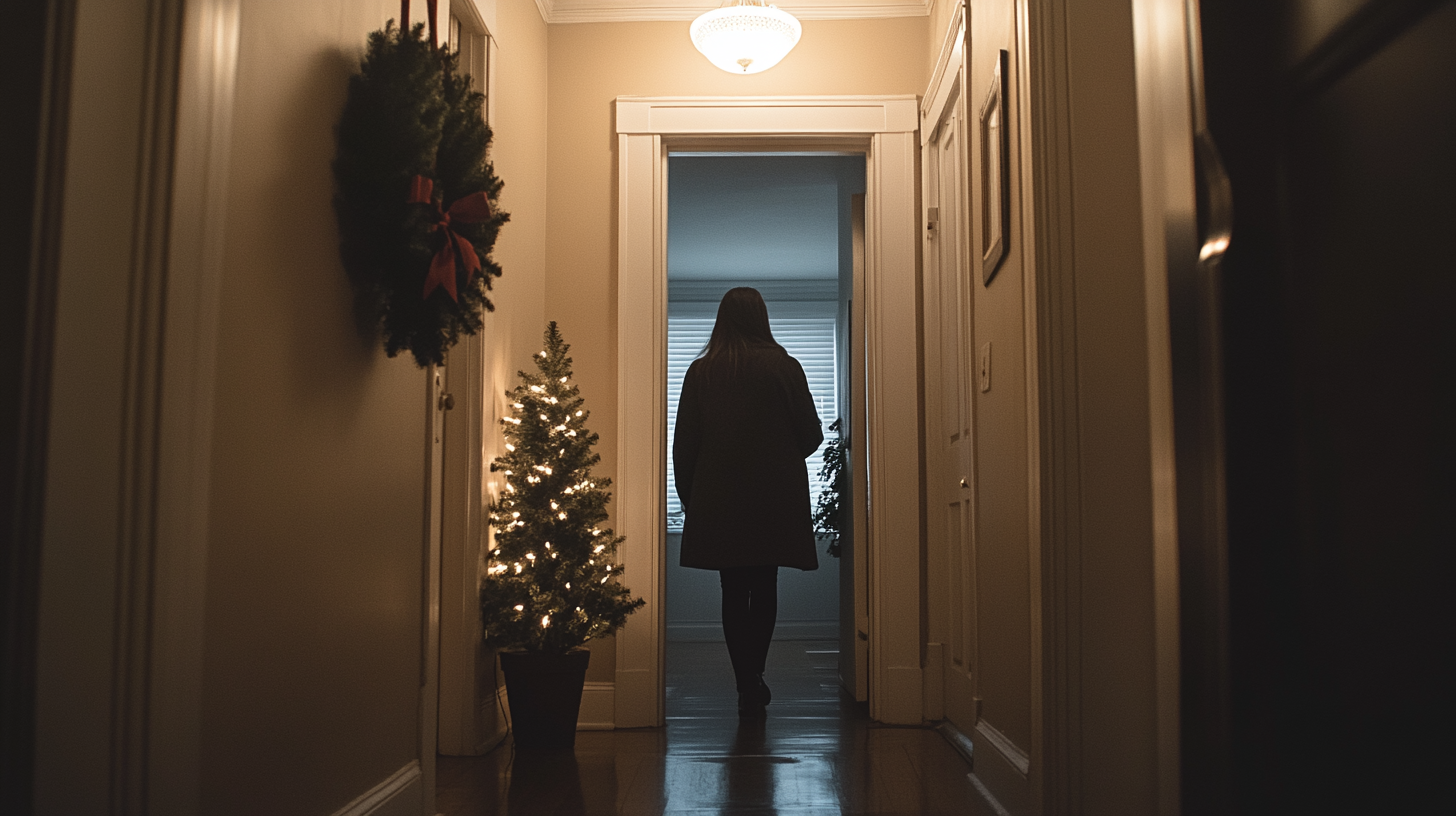 Entryway with a holiday wreath and lit Christmas tree.