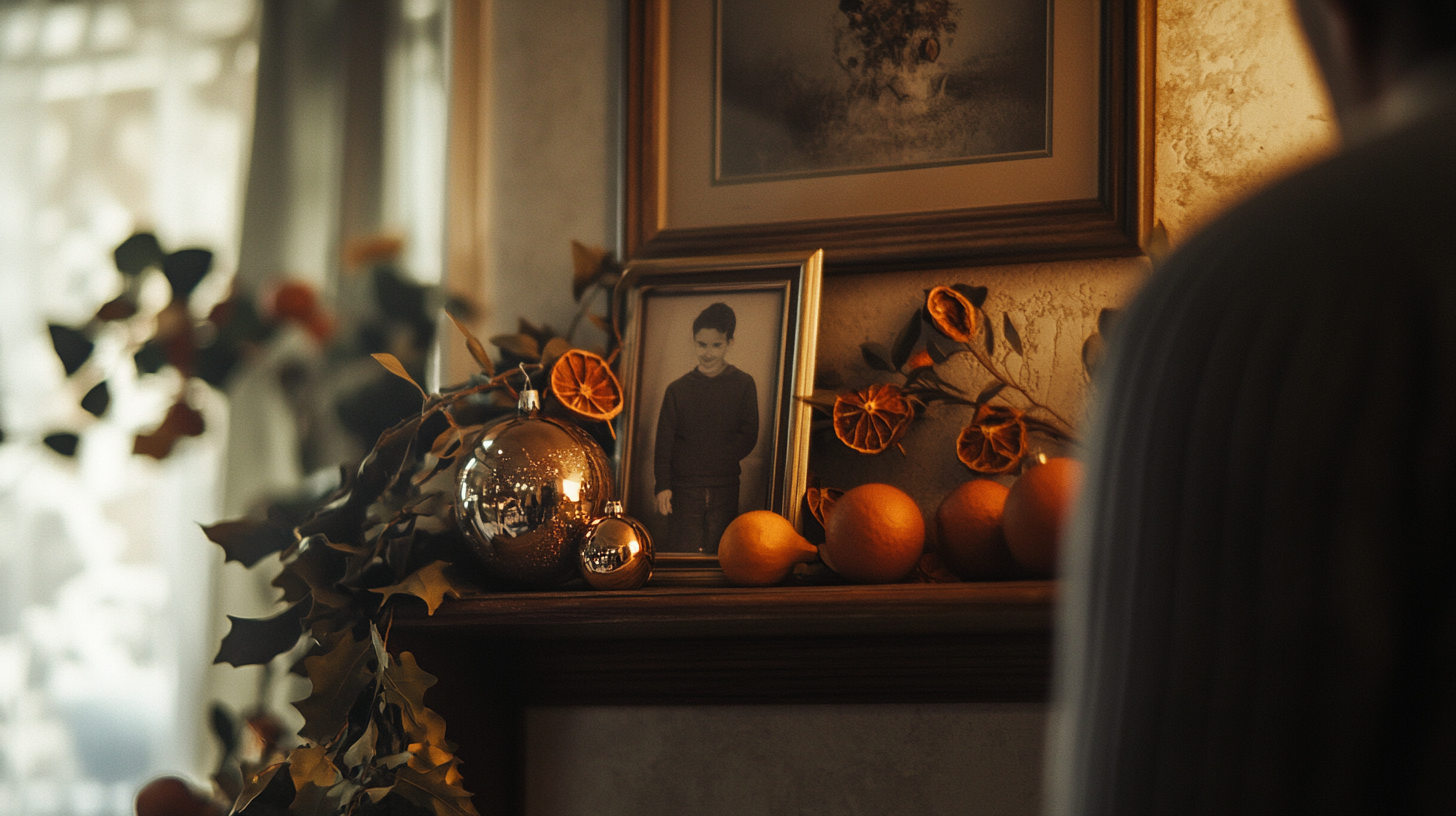 Holiday mantel with ornaments and personal touches.