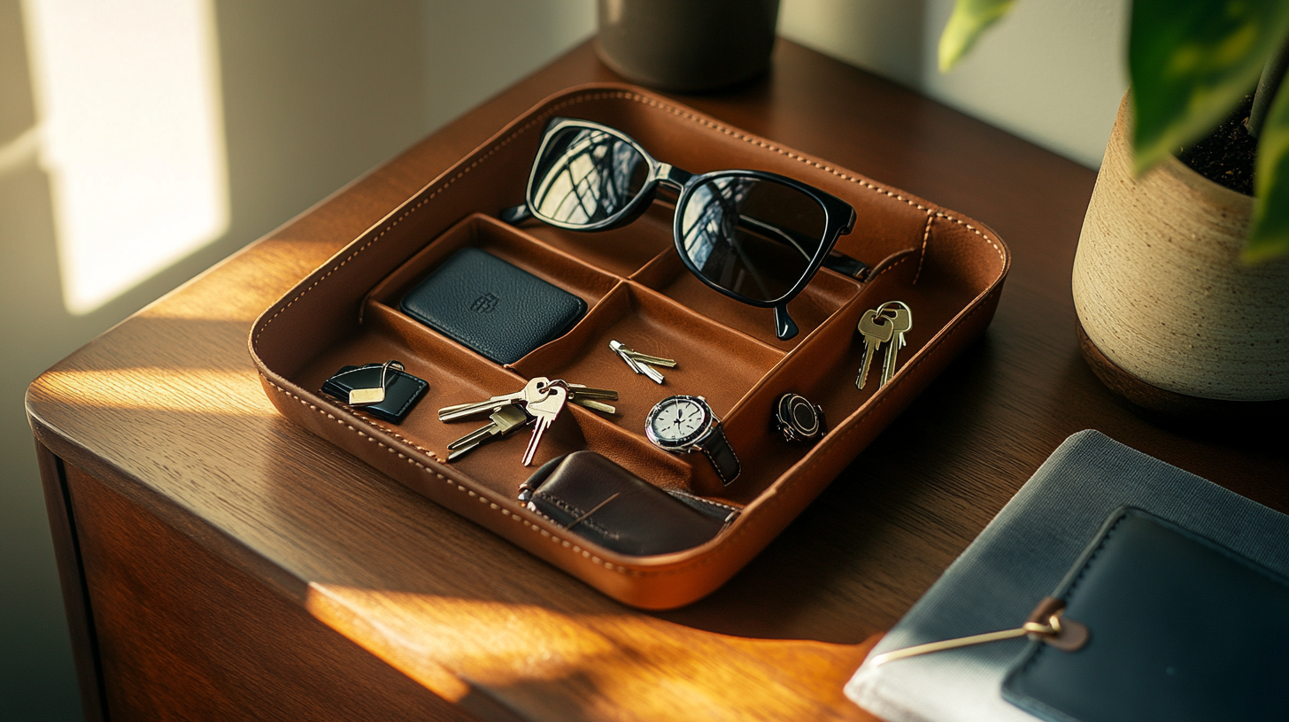 Organized leather caddy with men's daily essentials Brown leather tray holding keys, sunglasses, watch, and wallet on a wooden nightstand