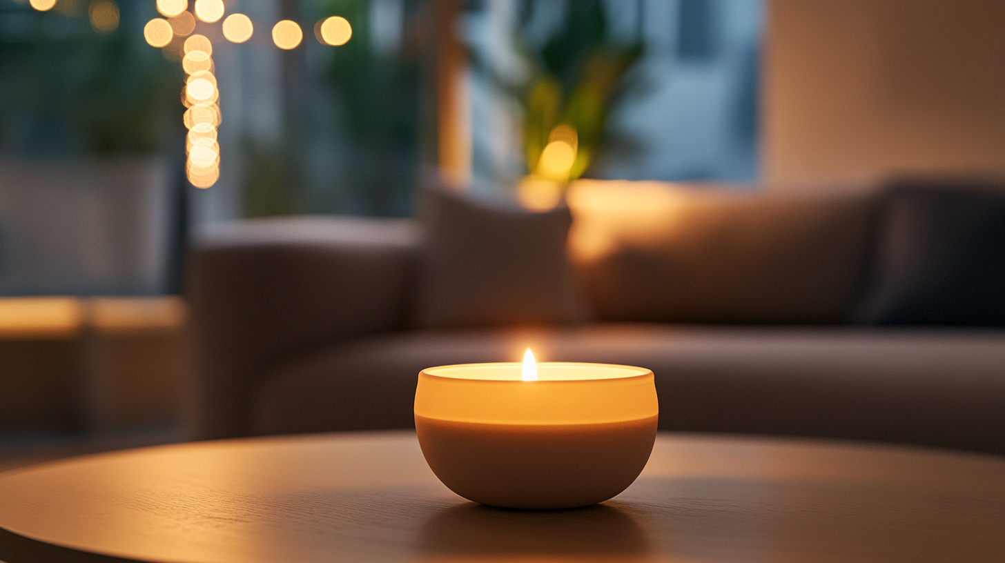 Lit candle on a wooden table in a softly lit apartment with cozy background