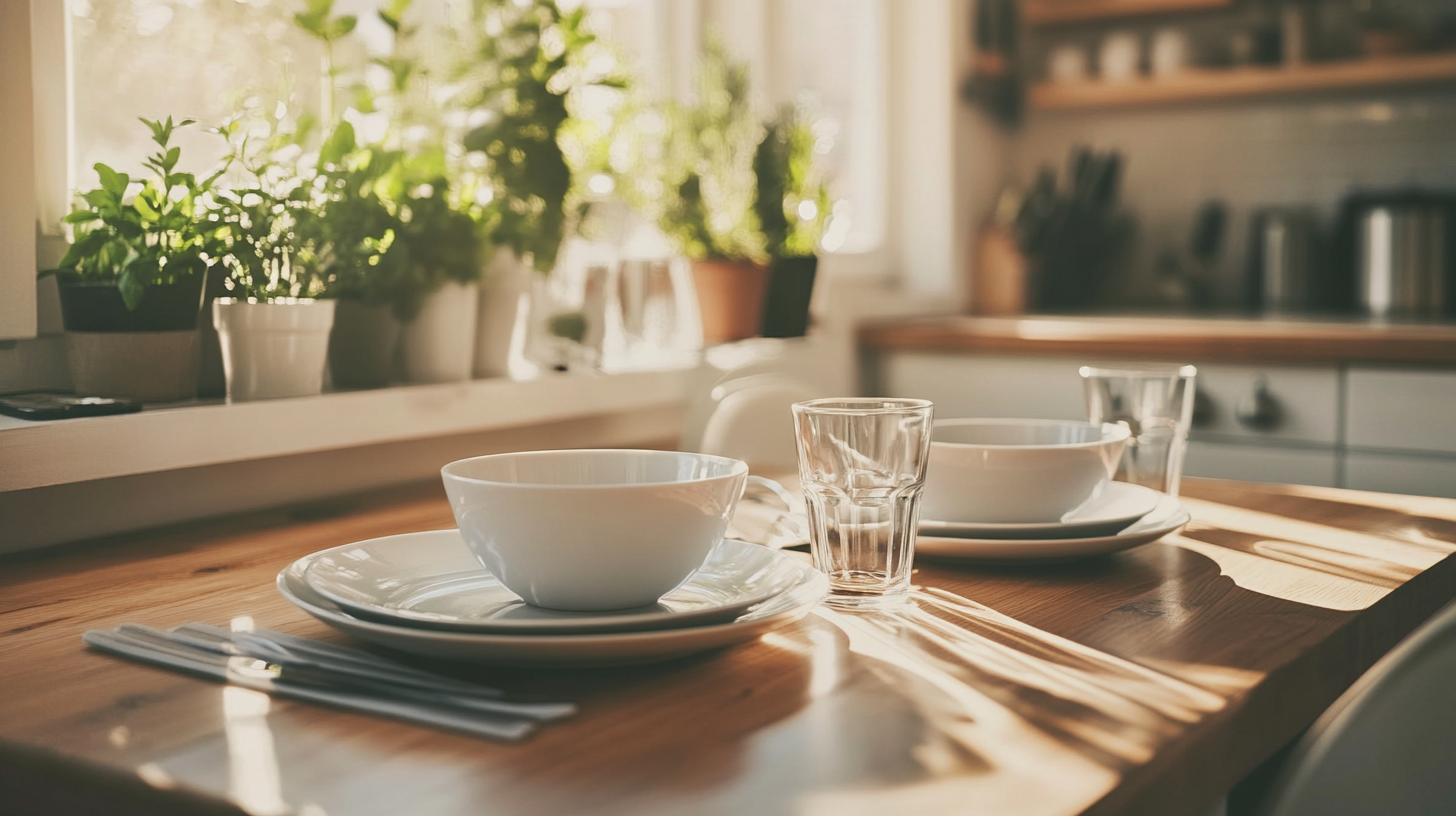 Clean white dishes and clear glasses on a wooden kitchen table with plants in the background