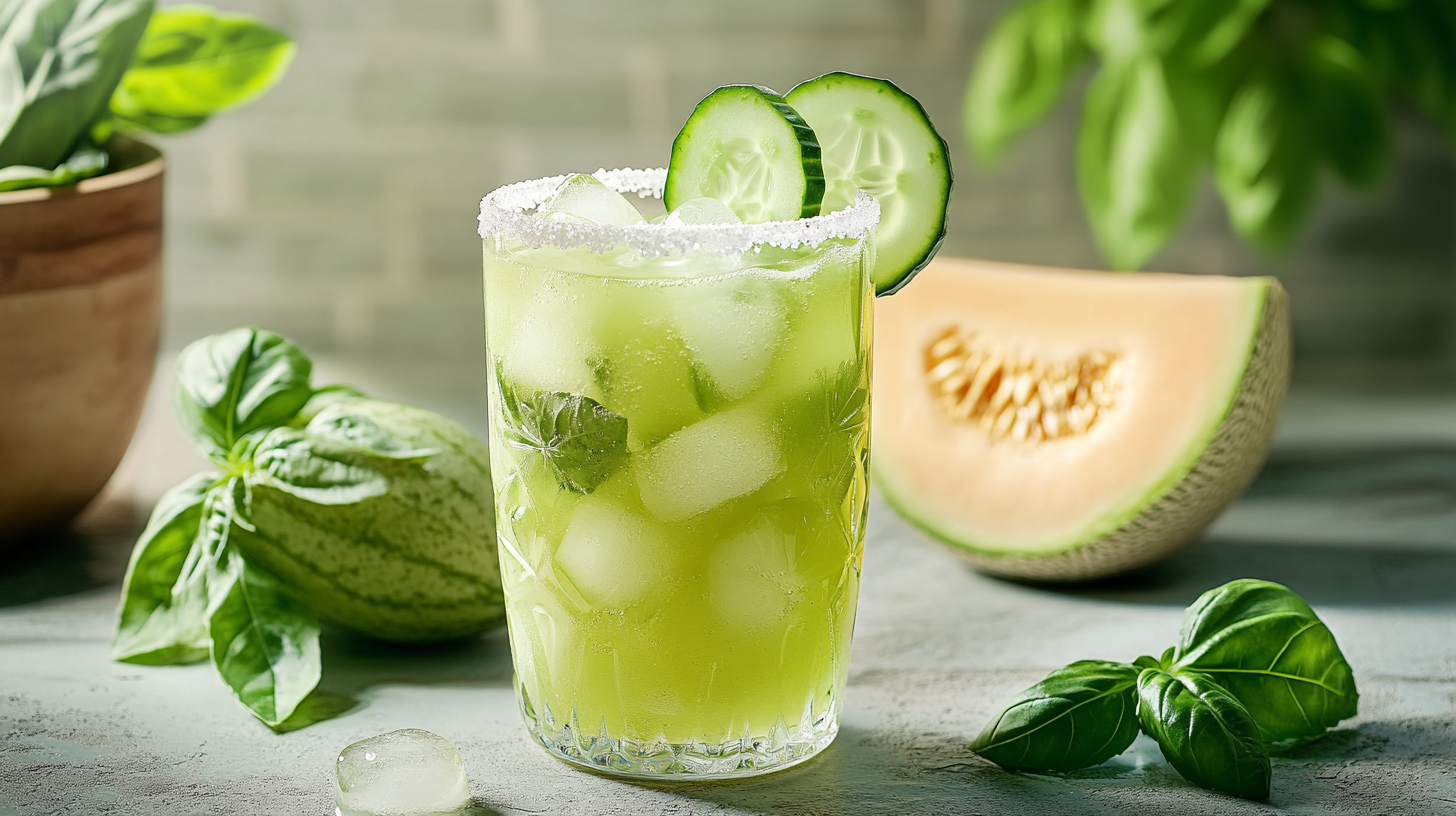 Green melon cucumber soda in a glass with crushed ice and cucumber slices on the rim