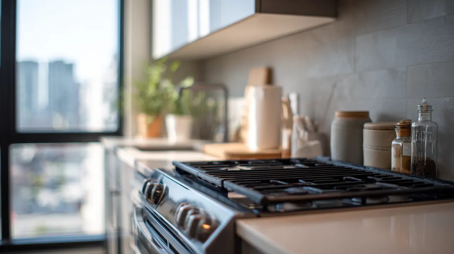 Close-up of a clean stovetop in a Milwaukee apartment kitchen with jars and plants on the counter