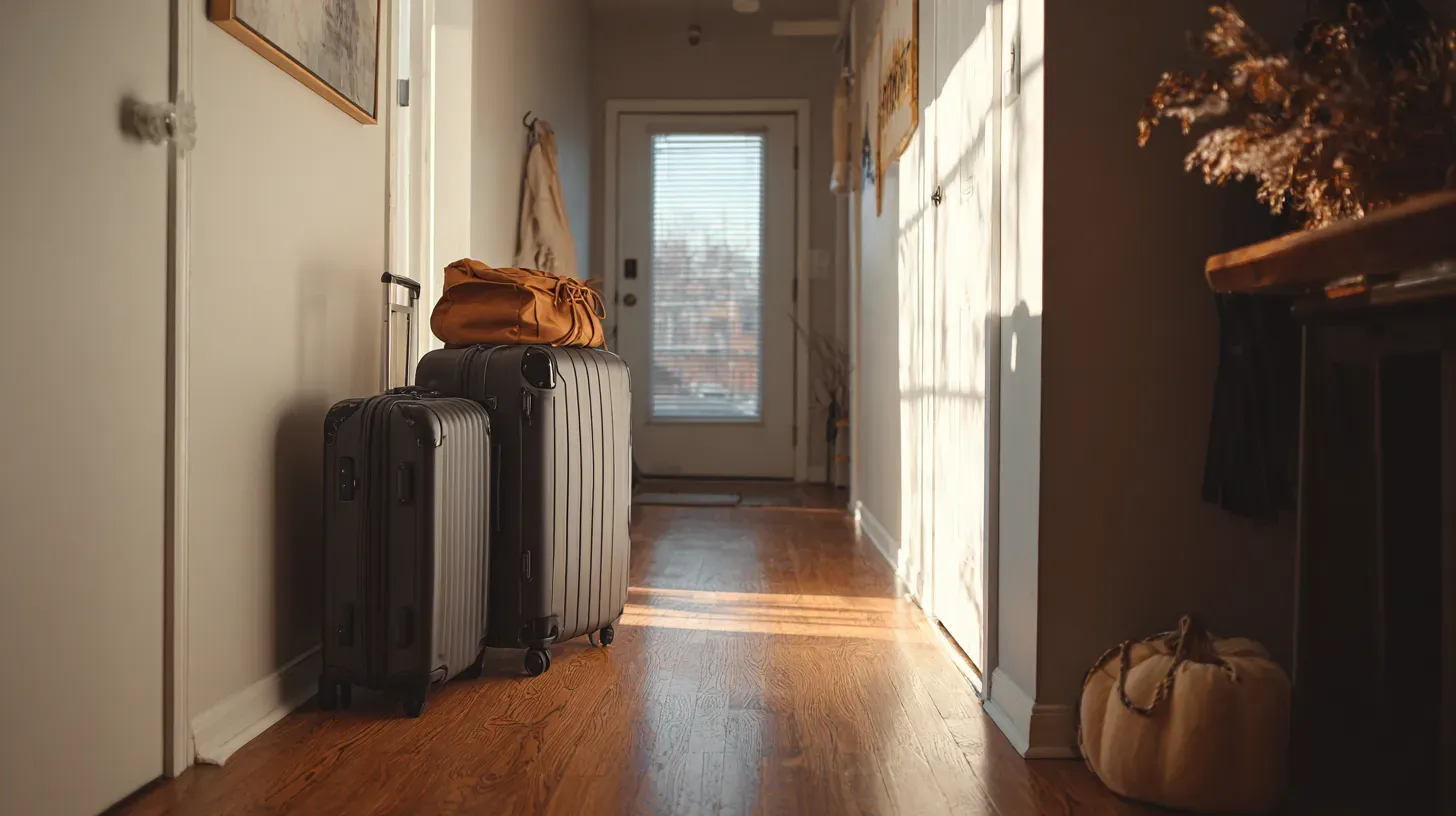 Packed suitcases placed in a Milwaukee apartment hallway with warm wood floors and soft lighting