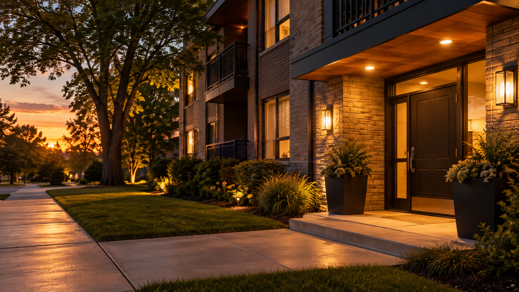 Well-lit apartment building entrance at dusk with a secure door and clear walkway