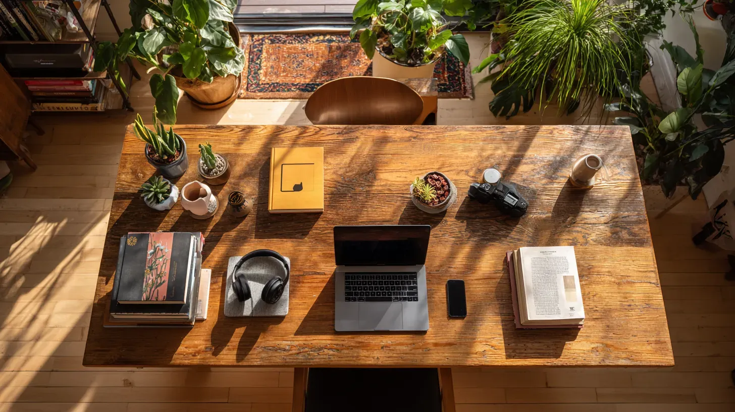 Top-down view of a wooden table in a Milwaukee apartment with personal belongings neatly arranged for inventory