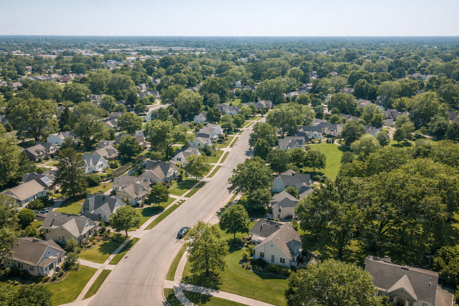 Aerial view of a quiet Milwaukee suburban neighborhood with tree-lined streets and homes in summer.