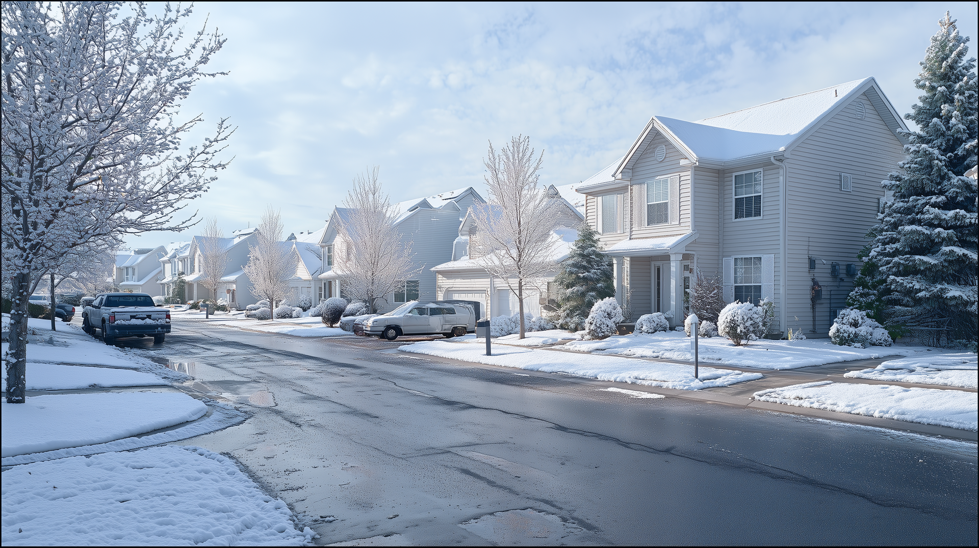 uiet suburban Milwaukee street after fresh snow with plowed road, trees, and tidy homes in winter