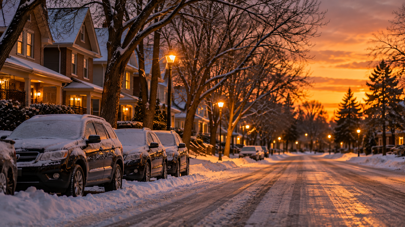Snow-covered Milwaukee residential street at dusk with cars parked along one side
