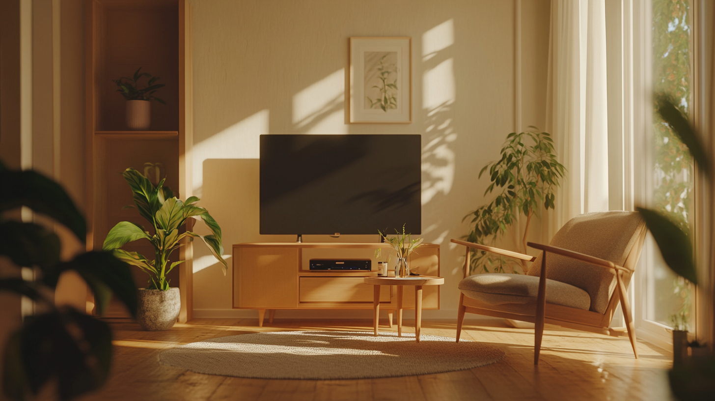 Minimal modern living room setup with TV, armchair, indoor plants, and soft daylight filtering through curtains.