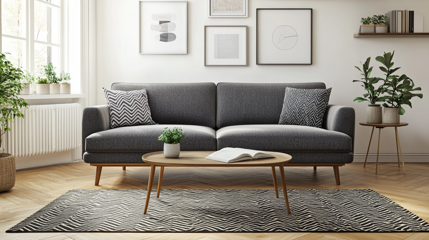 Contemporary living room with gray sofa, patterned rug, indoor plants, and framed wall art