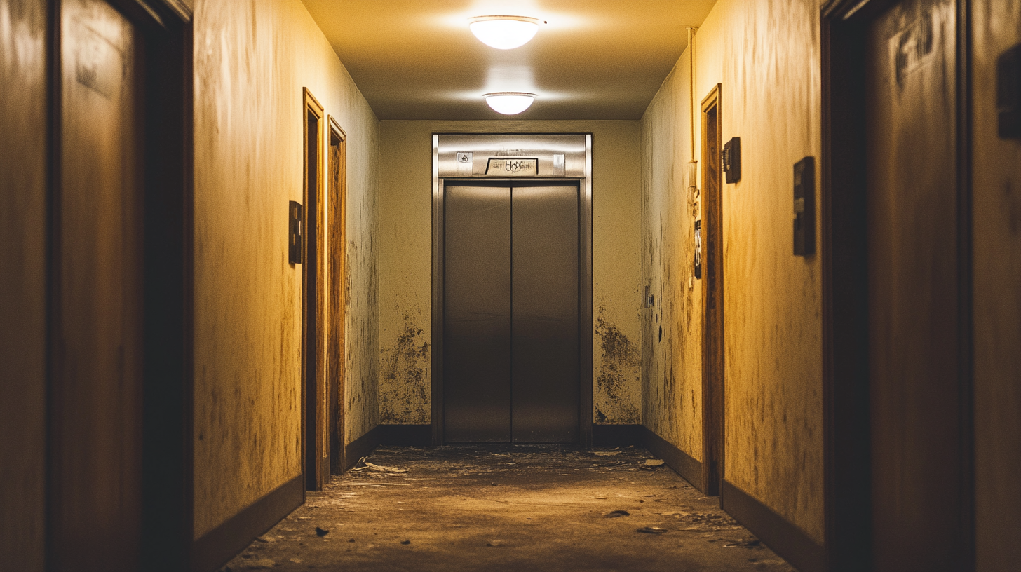 A dimly lit, run-down apartment hallway with a broken elevator, peeling walls, and scattered debris on the floor.