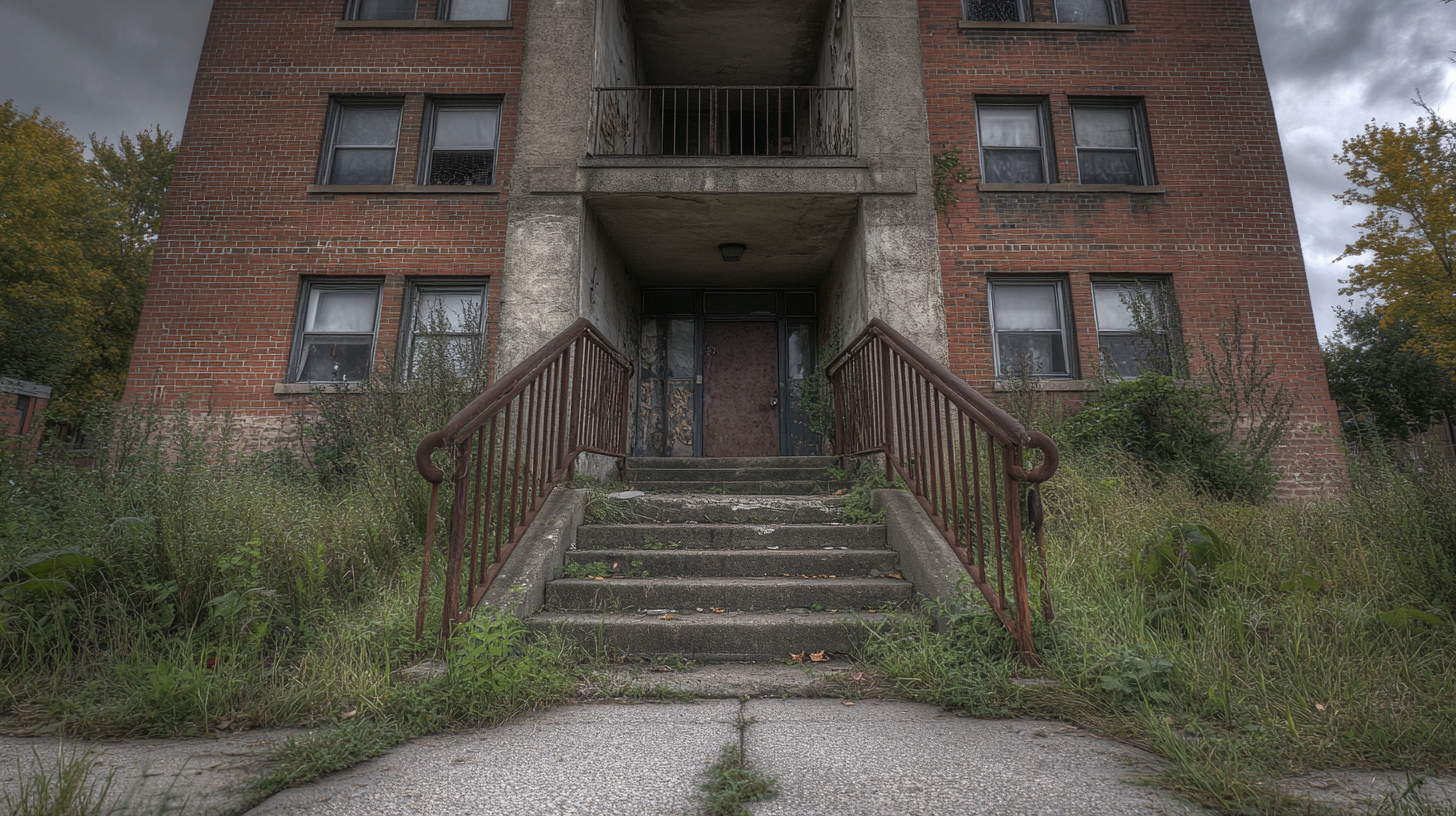 An abandoned, deteriorating apartment building with cracked sidewalks, overgrown weeds, and rusted railings.
