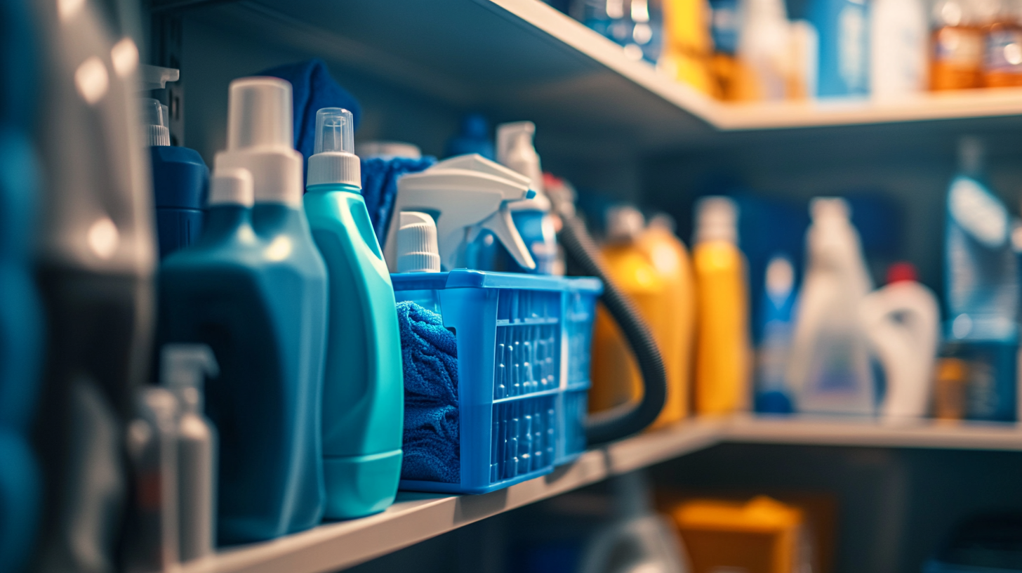 Close-up of cleaning products and tools neatly arranged on utility room shelves