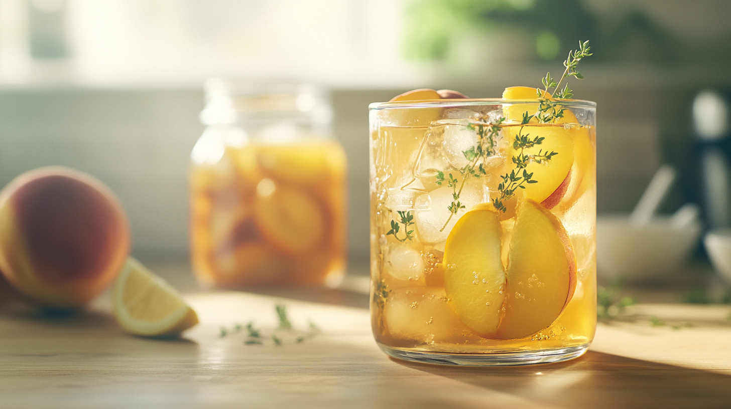 Close-up of golden iced tea with fresh peach slices and thyme sprigs in a glass jar