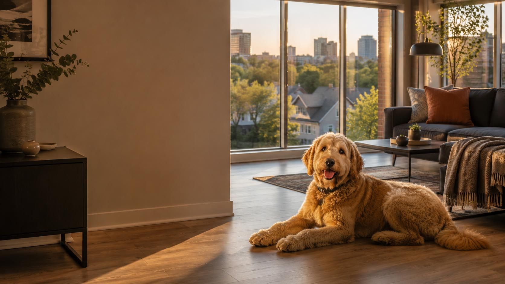 Happy dog relaxing in a bright, pet-friendly Milwaukee apartment with large sunny windows