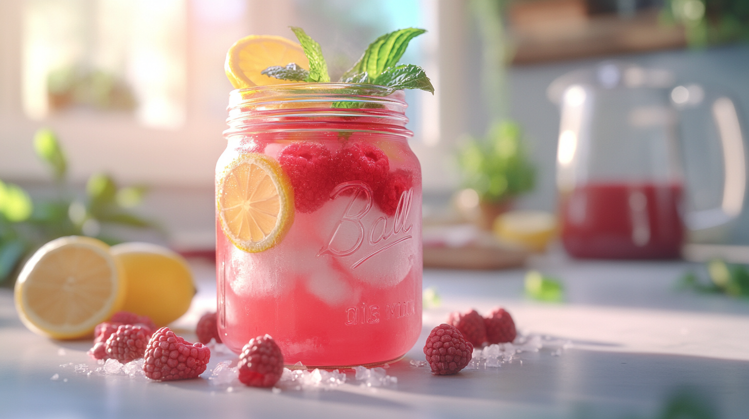 Mason jar filled with raspberry pink lemonade, lemon slices, and mint on a sunny table