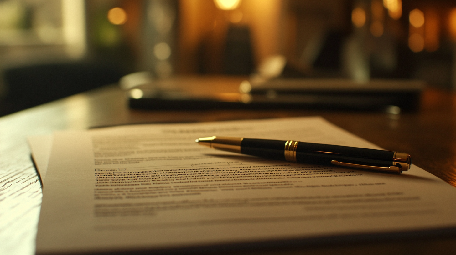 Close-up of a rental agreement and pen on a wooden table with soft background lighting