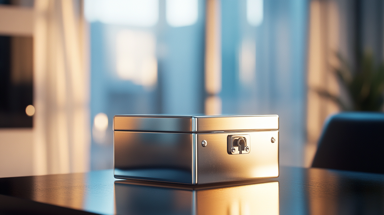 A metallic security deposit box sitting on a desk, symbolizing rental security and deposit concerns.