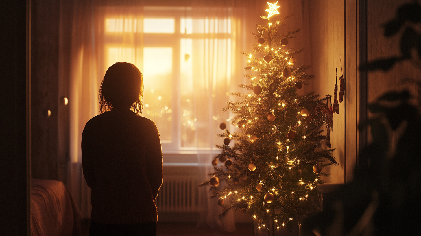 Slender Christmas tree near a window in a warm holiday setting.