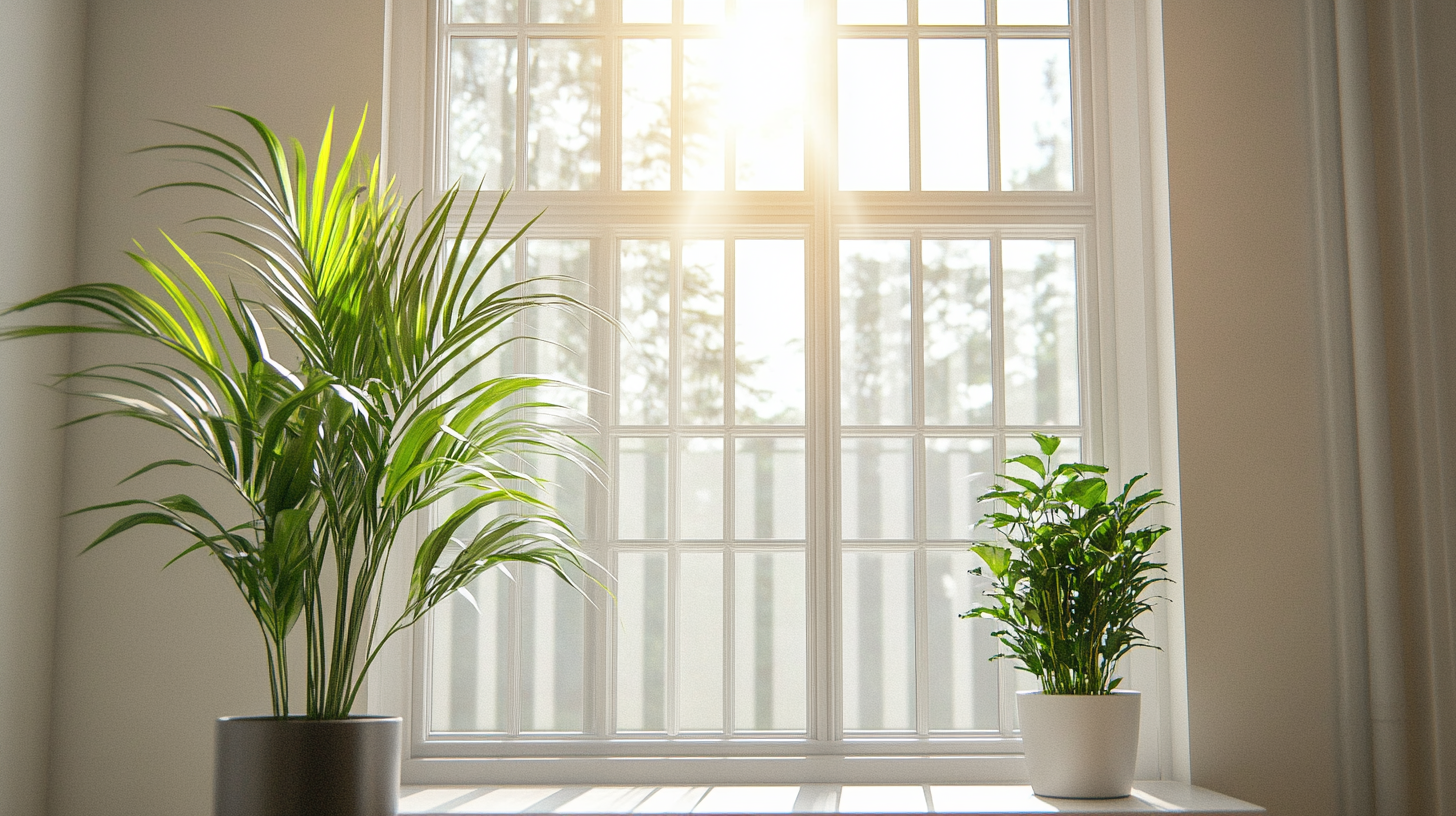 Clean windows with bright sunlight and green indoor plants on the sill