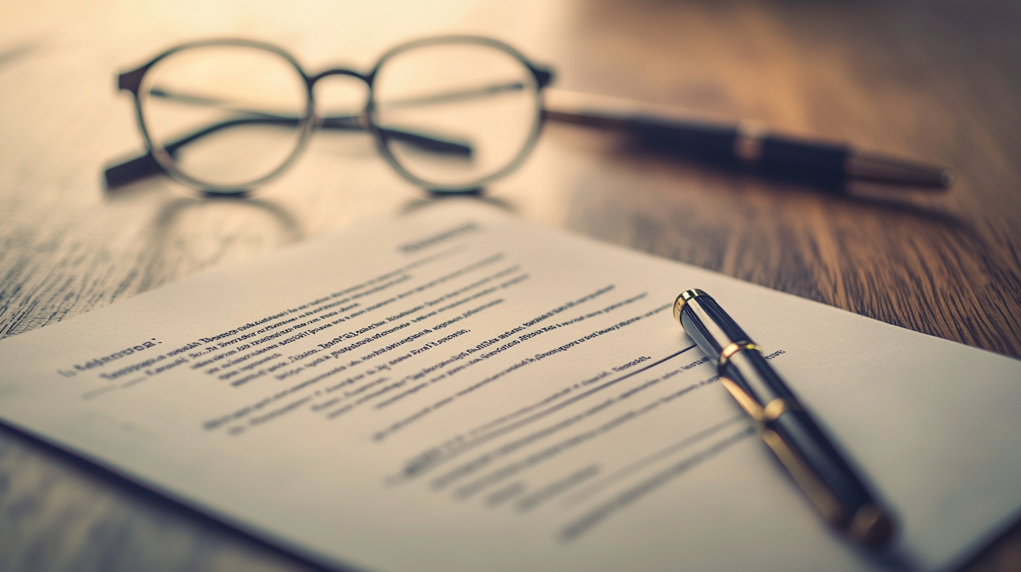 A rental lease agreement on a wooden desk with a pen and glasses nearby, featuring underlined sections indicating red flags.