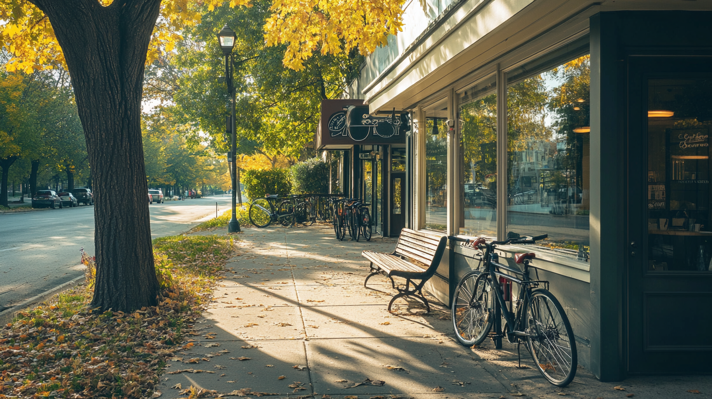 Tree-lined sidewalk with a local coffee shop, bench, and parked bikes on a sunny day