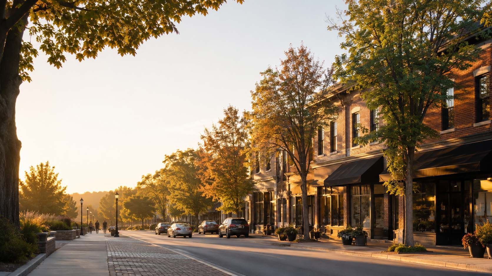 Charming tree-lined downtown street in Wauwatosa, Wisconsin, on a warm autumn morning