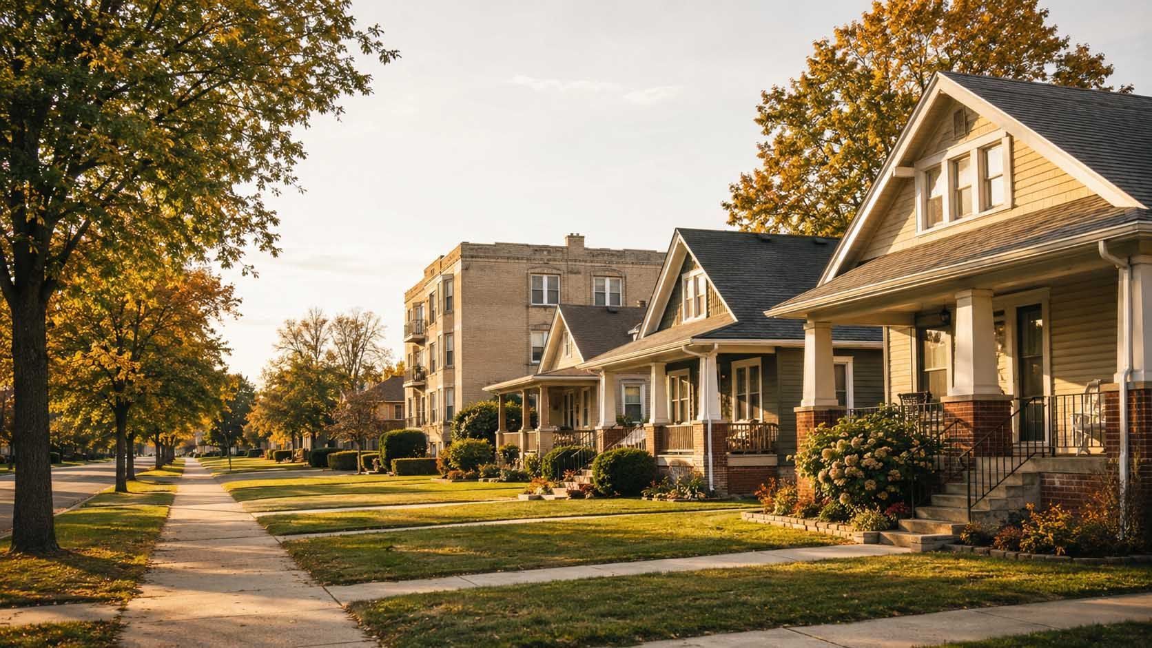 Tree-lined residential street with well-kept homes in West Allis, Wisconsin