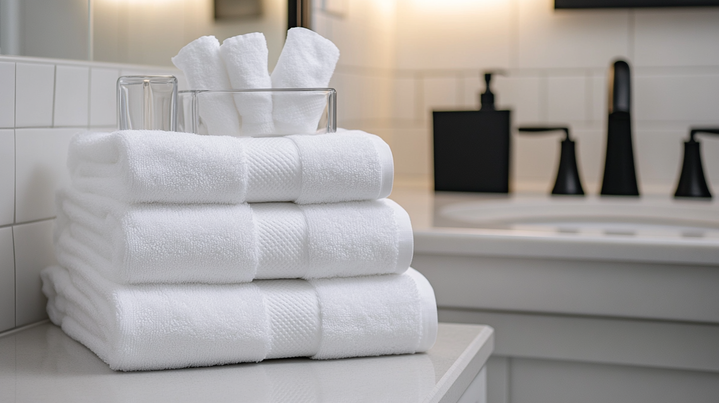 Stack of clean white towels on bathroom counter with glass and soap dispenser