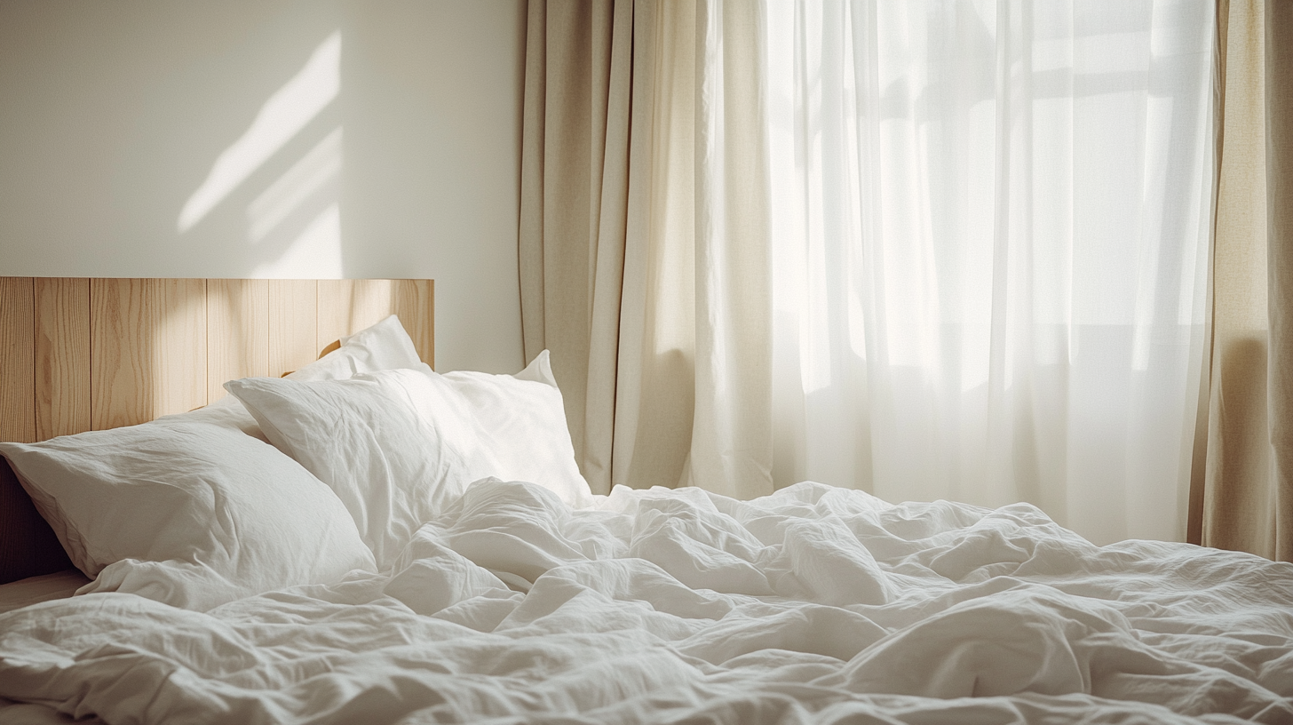 Neatly made bed with white sheets and natural light coming through beige curtains