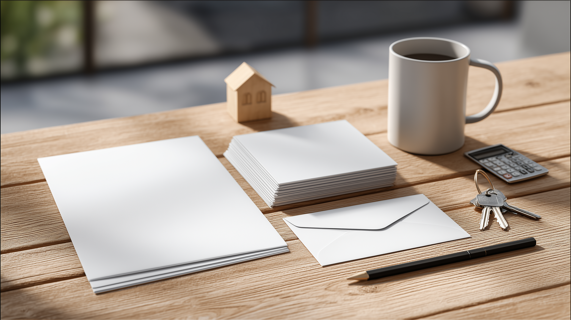 Flat-lay of blank papers, envelope, keys, small house figurine, calculator, pen, and mug on a wooden table