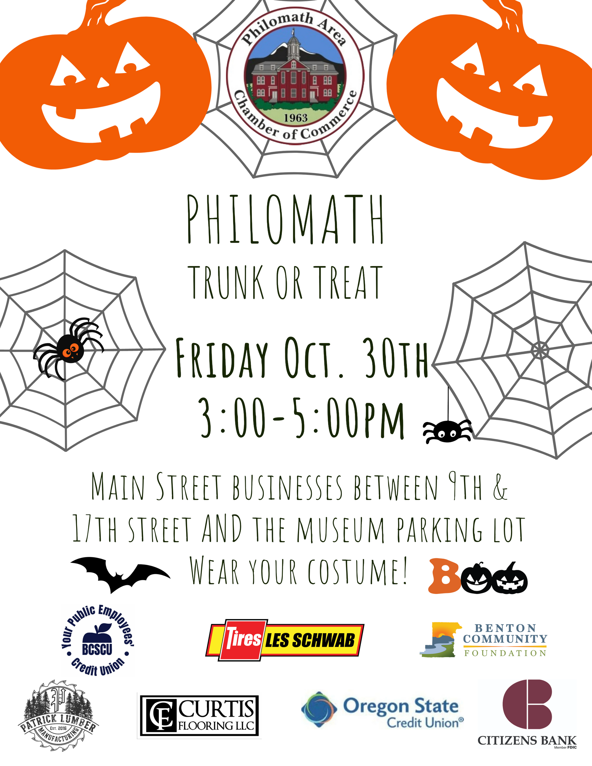 A poster for philomath trunk or treat on october 31