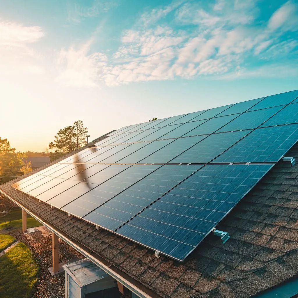 Solar panels on a rooftop at sunset, with warm light and a blue sky.