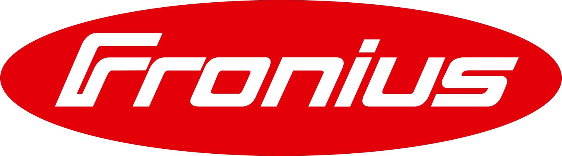 Fronius logo in white text on a red oval background