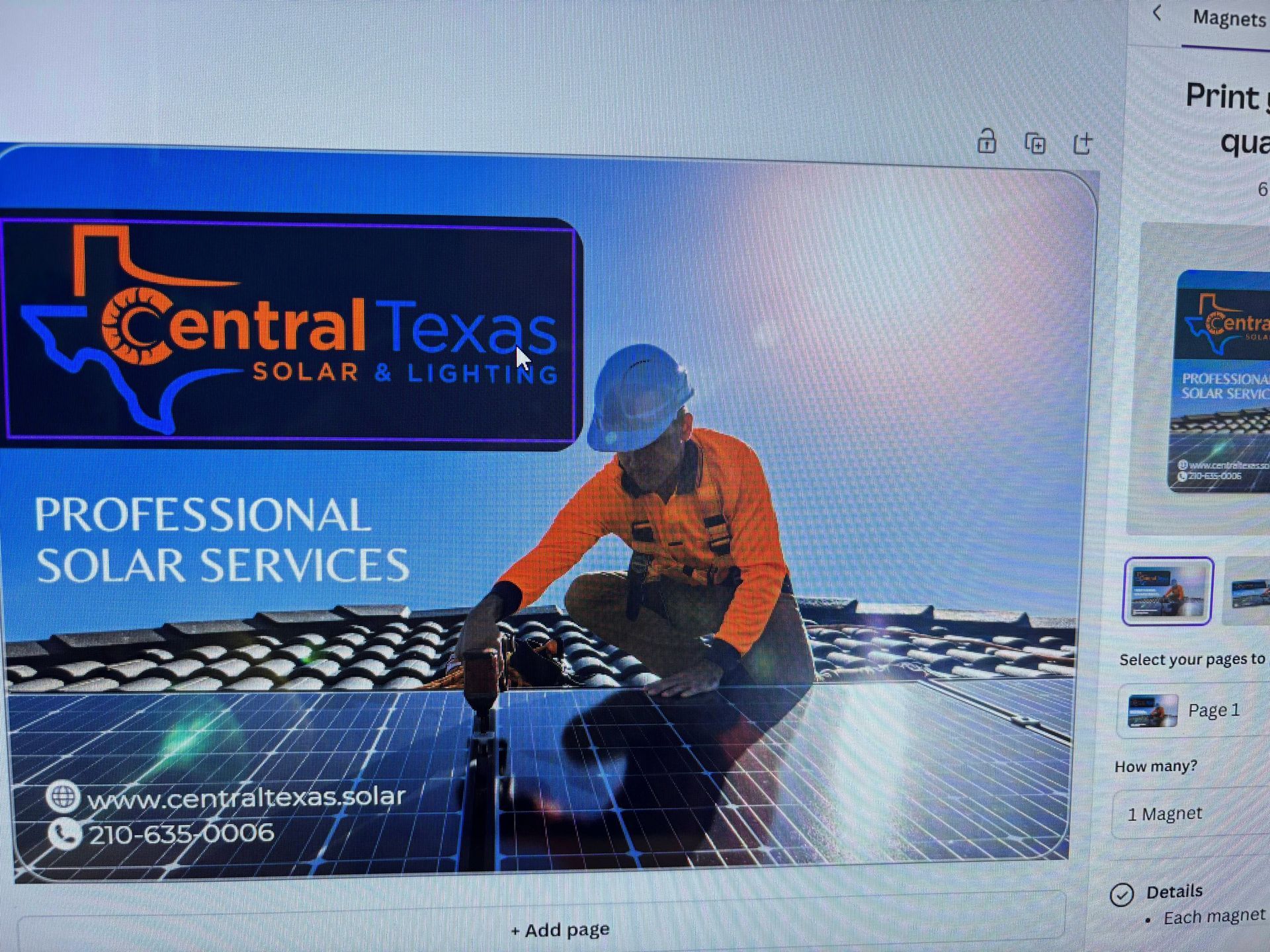 Central Texas Solar & Lightning ad showing a worker installing solar panels on a roof